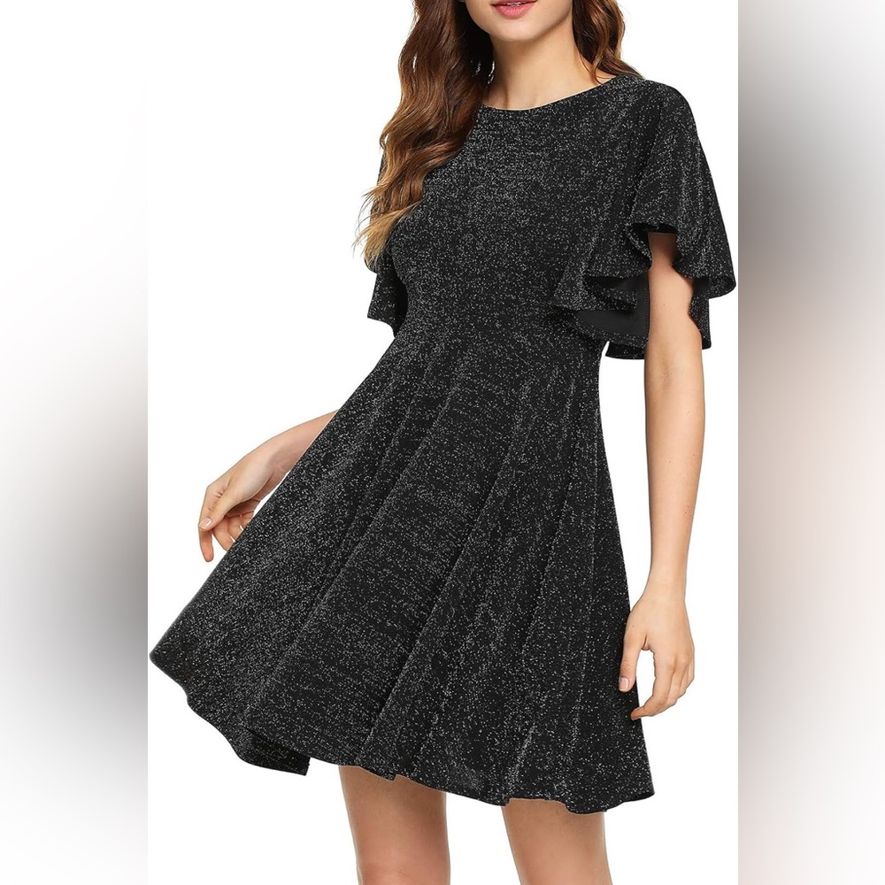 Formal Black Metallic Cocktail Ruffled Dress